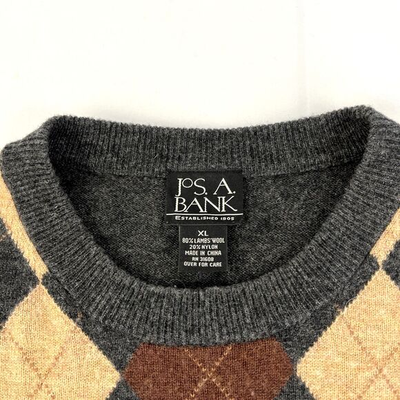 Mens Jos. A. Bank Argyle Crewneck Wool Blend Sweater Size XL Charcoal Preppy - Picture 2 of 6